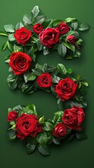 Red roses made of paper on green background forming number five.