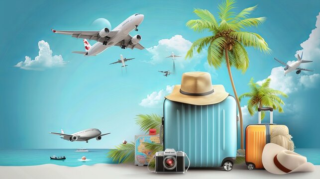 Realistic 3D poster depicting travel essentials like a suitcase, palm tree, hat, camera, airplane, and map. Vector illustration.