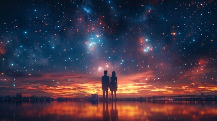 Night city horizon and starry sky backdrop with lovers on roof. Concept is first love, date on roof.