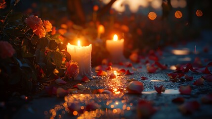 A sunset vigil by a memorial, illuminated with soft candlelight and ribbons - Memorial Day - obrazy, fototapety, plakaty