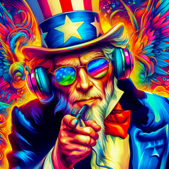 Digital art vibrant colorful uncle sam wearing headphones vibin to music