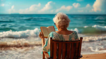 Mujer mayor leyendo un libro en la playa - obrazy, fototapety, plakaty