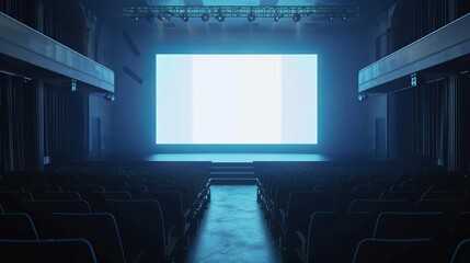 The front view of a big blank white illuminated screen with space for text or logo and blue backlighting is depicted in this 3D rendering, set in an empty hall with a scene, stairs, and rows of seats.