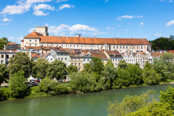 City view of Steyr in Austria. Rivers Steyr and Enns rushing thorugh the old town city centre.