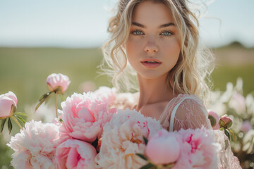 Young woman in a peony field with lush blooms at sunny day