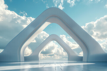 Futuristic arch structure under a clear blue sky with clouds