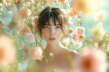 Young woman surrounded by blooming flowers in sunlight