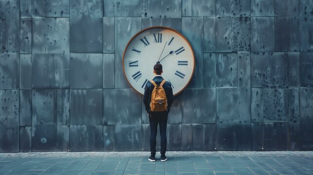 Impatience concept, man standing in front of clock on brick wall, looking up at time, life city work business travel