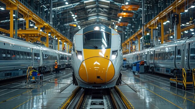A train is in a train station with a yellow and white color