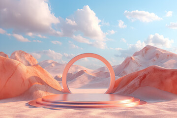 Surreal desert landscape with modern circular platform