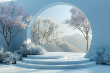 Elegant winter design with snowy trees and mountain backdrop