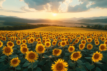 Breathtaking sunset over a vibrant sunflower field in summer