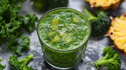 Obraz premium Glass of Green Liquid Surrounded by Broccoli
