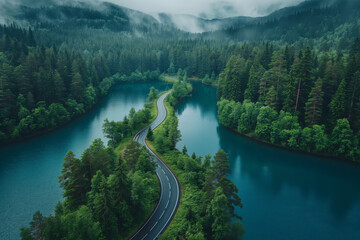 Scenic winding road through misty forest and tranquil lake