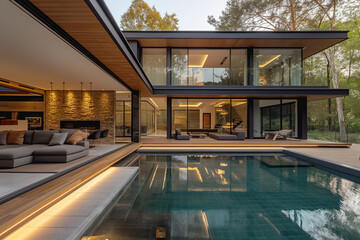 Modern luxury home with pool at twilight, elegant interior design