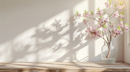 Wooden shelf with blooming sakura branches in vase