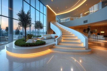 Luxurious modern lobby with sweeping staircase and elegant lighting