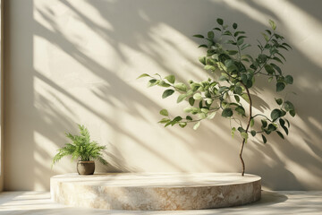 Minimalistic interior with potted plants and sunlight shadows