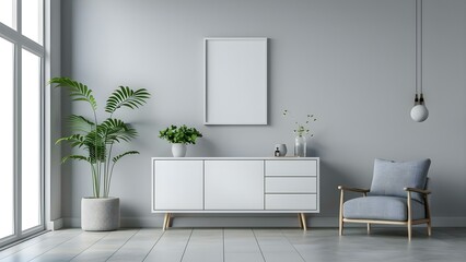 Minimalist Interior Design: White Cabinet, Plant, and Grey Furniture. Concept White Cabinet, Plant Decor, Grey Furniture, Minimalist Interior Design