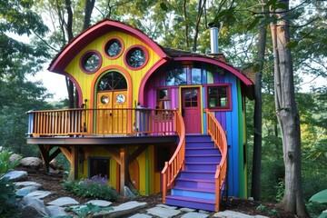 Naklejka premium Vibrant, multicolored treehouse with round windows surrounded by lush greenery