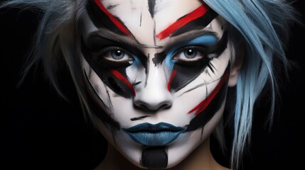 Dramatic face makeup with blue and red accents