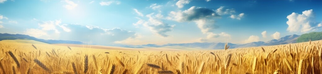 Fototapeta na wymiar Vast golden wheat field under blue sky with clouds