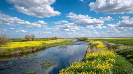 Under the blue sky and white clouds in spring, a winding river flows through the countryside, the fields on both sides of the river are full of yellow rapeseed flowers