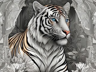masterpiece, best quality, coloring book line art, detailed Tiger with Art Nouveau flair, synthwave and Art Nouveau hybrid style, bold and harmonious lines, romantic composition Generative AI