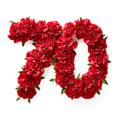 Number 70 Made of Red Carnations Isolated on White Background