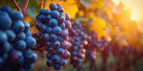 Bunches of grapes in a garden bathed in the soft hues of a setting sun