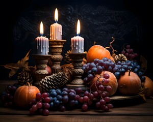 Obraz na płótnie Canvas Autumn still life with candles, pumpkins, grapes and cones