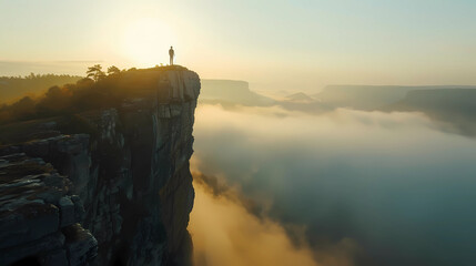 cinematic photo of a man on top of a mountain, taken from a high angle shot, landscape, sunrise in the mountains	
 - Powered by Adobe