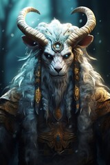 Mystical fantasy creature with horns and feathers