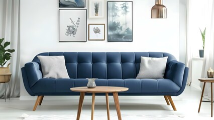 Decorating a Room with a Modern Blue Sofa, Wooden Accessories, and Posters. Concept Modern Blue Sofa, Wooden Accessories, Room Decor, Posters