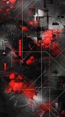 A black and red abstract painting with red splatters and lines