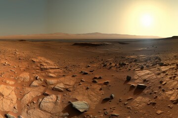 Vast desert landscape on mars with mountains in the distance