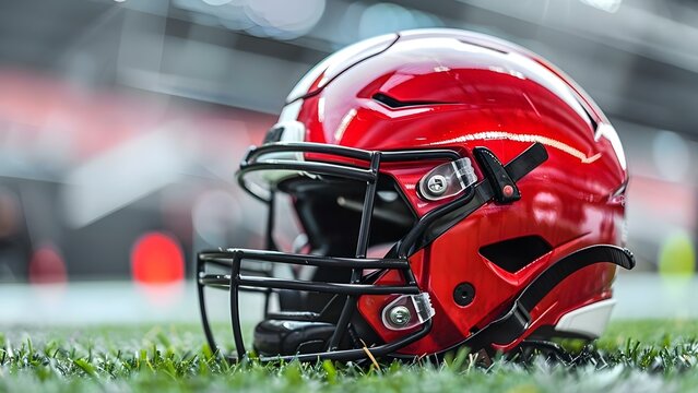 American football helmet on grass in front of stadium with copy space. Concept Sports, American Football, Stadium, Helmet, Copy Space - Powered by Adobe