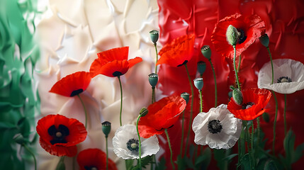 Red poppy flowers on background with Italy flag. Liberation day holiday. Festa della liberazione
