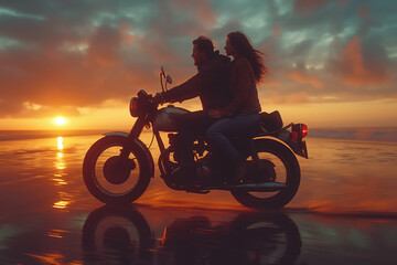 Couple riding motorcycle at sunset across reflective water