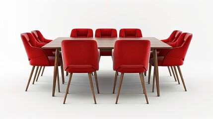 A modern dining room setting featuring red chairs is isolated with a clipping path included.