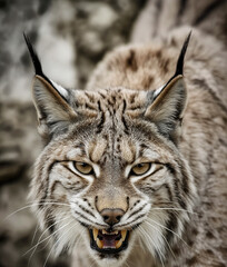 Obraz premium A wild and angry eurasian lynx hunting in nature, roaring in mountain