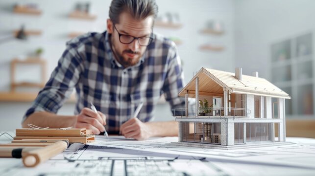 Architect design concept. Young engineer drawing of house structure on blueprint to present Customer. Engineering concept. hyper realistic 