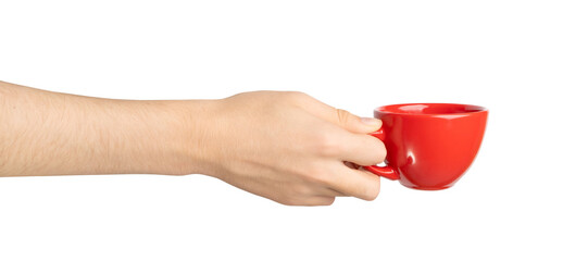 Hand Holds Cup Isolated, Empty Red Cup in Hands, Coffee Mug, Teacup, Hot Beverage Mockup