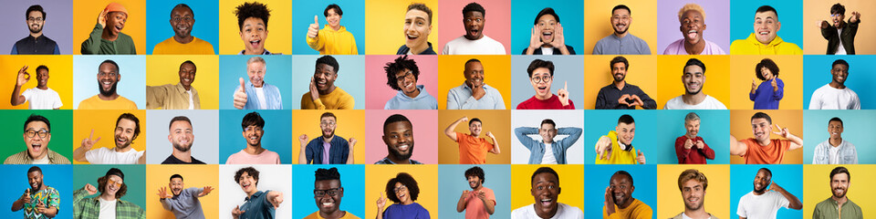 This international grid of multiracial, multiethnic men faces captures the essence of joyful human...