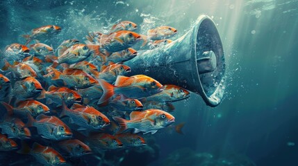 The image shows a school of fish swimming in the ocean. The fish are following a megaphone. - obrazy, fototapety, plakaty