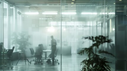 Blurred office with people working behind glass wall hyper realistic 