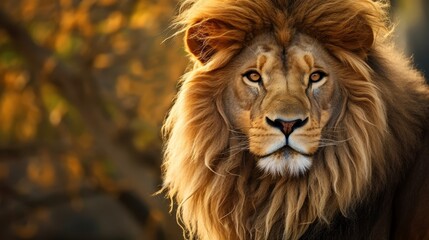 Fototapeta premium Majestic lion with flowing mane in autumn forest