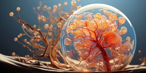 abstract organic glass sphere with glowing orange branches