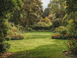 Serene Public Garden Featuring Lush Greenery and Colorful Flowers in Full Bloom