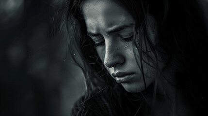close up of a young woman face who is really sad and worry 